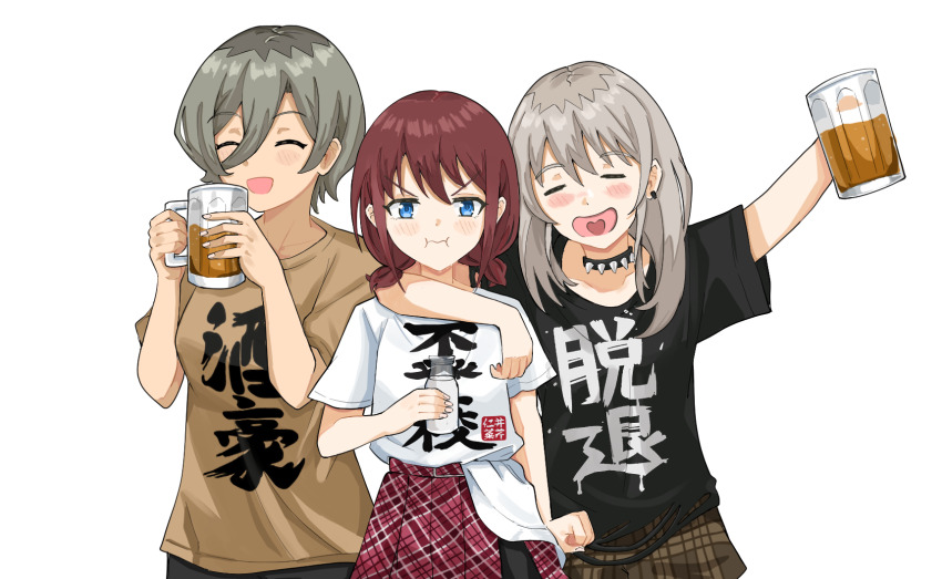 3girls ^_^ alcohol beer beer_mug black_shirt blush breasts brown_shirt brown_shorts choker closed_eyes closed_mouth clothes_writing commentary cup earclip girls_band_cry grey_hair hair_between_eyes heart heart_in_mouth highres holding holding_cup iseri_nina kawaragi_momoka long_hair long_hair_between_eyes low_twintails medium_breasts mug multicolored_hair multiple_girls open_mouth plaid_clothes plaid_shorts plaid_skirt pleated_skirt pout red_hair red_skirt roots_(hair) rupa_(girls_band_cry) sagittarius_(cruxhkg) shikai_no_sumi_kuchiru_oto shirt shirt_partially_tucked_in short_hair short_sleeves short_twintails shorts simple_background skirt smile spiked_choker spikes twintails white_background white_shirt