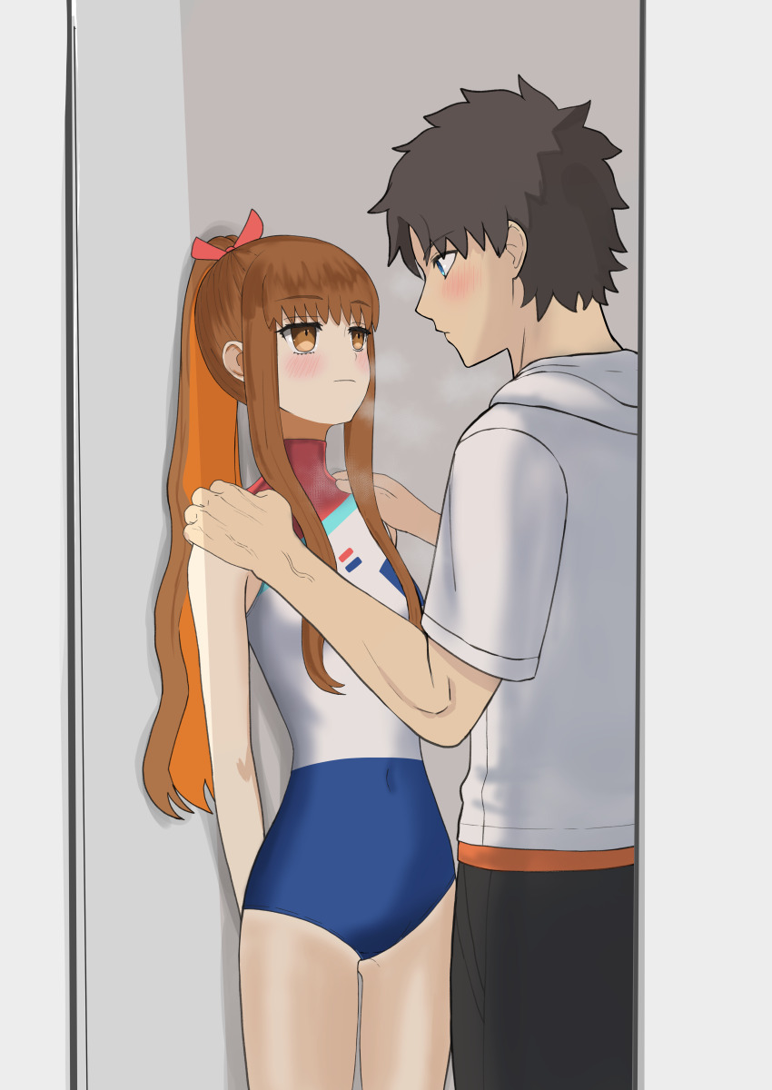 1boy 1girl absurdres against_wall alley arms_behind_back artrum4 black_hair black_shorts blue_eyes blue_one-piece_swimsuit blush bow brown_eyes brown_hair choppy_bangs covered_navel expressionless facing_another fate/extra fate/grand_order fate_(series) fujimaru_ritsuka_(male) fujimaru_ritsuka_(male)_(summer_street) hair_bow hands_on_another&#039;s_shoulders heavy_breathing high_ponytail highres hooded_shirt kishinami_hakuno_(female) long_hair long_sidelocks multicolored_swimsuit one-piece_swimsuit ponytail red_bow shirt short_hair shorts sidelocks swimsuit veins veiny_arms very_long_hair very_long_sidelocks white_one-piece_swimsuit white_shirt