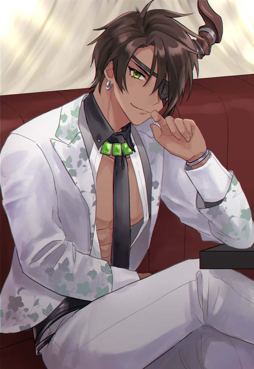 1boy abs aragami_oga belt black_belt black_hair black_necktie bracelet couch crossed_legs curtains dark-skinned_male dark_skin detached_collar earrings elbow_rest eyepatch floral_print formal_clothes gem green_eyes green_gemstone grey_shirt hair_over_one_eye hand_to_own_mouth highres holostars horn_ornament horns indoors jacket jewelry lapels looking_at_viewer male_focus mioto_(tsubsq_m) necktie notched_lapels official_alternate_costume open_clothes open_jacket open_shirt pants pectoral_cleavage pectorals shirt short_hair single_horn sitting smile solo suit suit_jacket table toned toned_male virtual_youtuber white_jacket white_pants white_suit