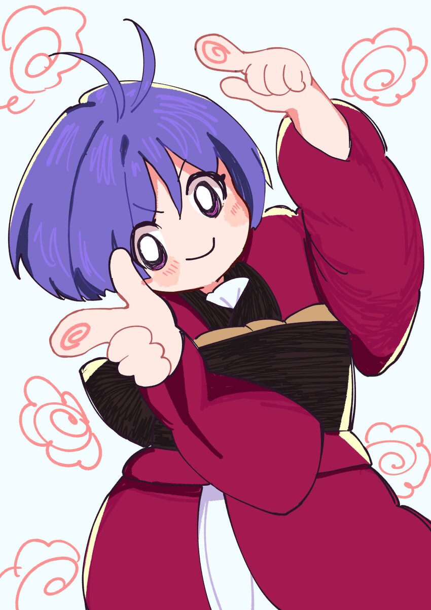 1girl absurdres antenna_hair closed_mouth fingerprint hanamaru hangaku_th highres japanese_clothes kimono long_sleeves looking_at_viewer purple_eyes purple_hair red_kimono short_hair smile solo sukuna_shinmyoumaru touhou upper_body white_background wide_sleeves