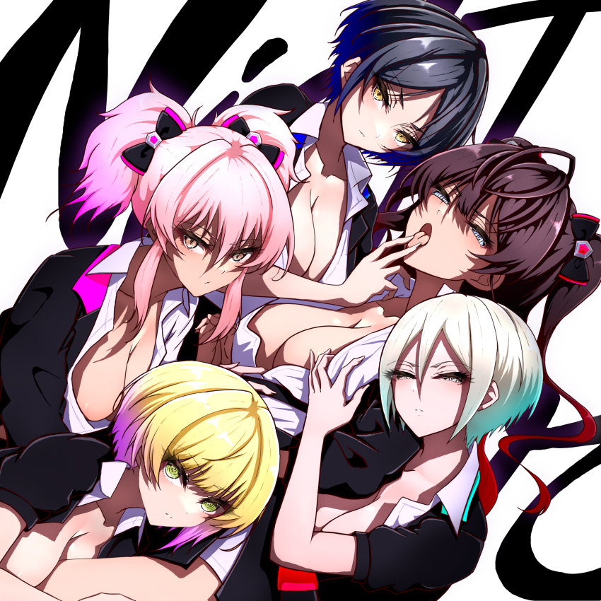 5girls absurdres bad_id bad_pixiv_id black_hair blonde_hair blue_eyes breasts brown_hair cleavage dutch_angle finger_to_another&#039;s_mouth gradient_hair green_eyes grey_hair hair_between_eyes hayami_kanade highres hitofudegaki_usagi ichinose_shiki idolmaster idolmaster_cinderella_girls idolmaster_cinderella_girls_starlight_stage jougasaki_mika large_breasts lipps_(idolmaster) long_hair looking_at_viewer miyamoto_frederica multicolored_hair multiple_girls open_mouth parted_bangs pink_hair shiomi_syuko short_hair twintails white_background yellow_eyes