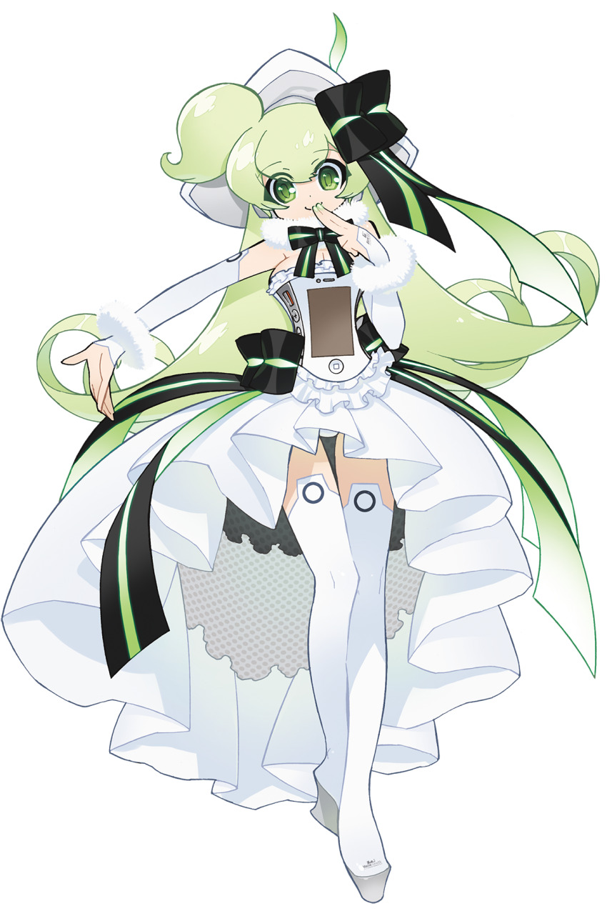 1girl akatsuki_gomoku apple_inc. boots bow detached_sleeves dress finger_to_mouth frilled_skirt frills full_body fur_collar fur_cuffs green_eyes green_hair green_nails headphones high-low_skirt highres long_hair macintosh macne_nana macne_series multicolored_bow nail_polish official_art one_side_up panties pantyshot second-party_source shirt skirt smile strapless strapless_shirt striped_bow tachi-e thigh_boots transparent_background underwear very_long_hair wedge_heels white_boots white_panties white_skirt