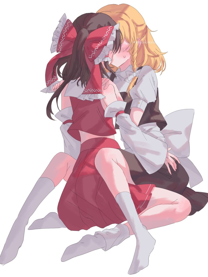 2girls amatukimahoro between_legs black_skirt blonde_hair blush bow braid brown_hair commentary_request detached_sleeves hair_bow hakurei_reimu hand_on_another&#039;s_shoulder hand_on_another&#039;s_waist highres kirisame_marisa kiss kneehighs long_hair multiple_girls pleated_skirt red_bow red_shirt red_skirt shirt short_sleeves side_braid simple_background sitting sitting_on_lap sitting_on_person skirt sleeveless sleeveless_shirt socks sweatdrop touhou white_background white_shirt white_socks yuri