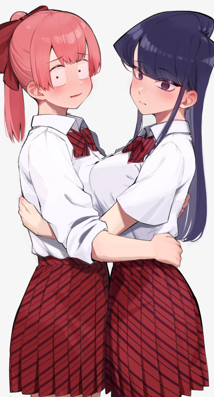 1boy 1girl @_@ alternate_costume asymmetrical_docking ayatak0517 black_eyes black_hair blush bow bowtie breast_press breasts collared_shirt constricted_pupils crossdressing highres hug itan_private_high_school_uniform komi-san_wa_komyushou_desu komi_shouko large_breasts long_hair looking_at_viewer pink_hair ponytail purple_eyes school_uniform shirt simple_background skirt tadano_hitohito white_background white_shirt