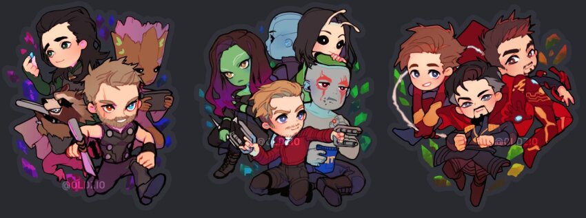 3girls 6+boys animal_ears animal_nose antennae arc_reactor armor artist_name avengers:_infinity_war avengers_(series) bare_shoulders beard black_armor black_background black_footwear black_hair black_pants black_sclera black_shirt blonde_hair blue_eyes blue_shirt bodysuit boots brown_eyes brown_footwear brown_hair cape chips_(food) clenched_hand clenched_hands cloak closed_mouth colored_sclera colored_skin commentary crop_top crystal doctor_strange drax_the_destroyer eating english_commentary facial_hair facial_mark food food_on_face full_armor full_body gamora gradient_hair green_cape green_eyes green_shirt green_skin grey_eyes grey_hair grey_skin groot gun half-closed_eyes handgun handheld_game_console heterochromia hikazio holding holding_gun holding_handheld_game_console holding_weapon iron_man jacket jewelry loki_(marvel) long_hair long_sleeves mantis_(marvel) marvel marvel_cinematic_universe medium_hair multicolored_hair multiple_boys multiple_girls nebula_(gotg) necklace orange_eyes pants peter_parker peter_quill pink_pants power_armor purple_hair raccoon_boy raccoon_ears raccoon_tail red_armor red_bodysuit red_cloak red_eyes red_jacket rocket_raccoon scar scar_across_eye scar_on_face sharp_teeth shirt short_hair simple_background sitting smile spider-man tail teeth thor_(marvel) tony_stark two-tone_hair v-shaped_eyebrows wavy_hair weapon white_eyes wristband yellow_eyes