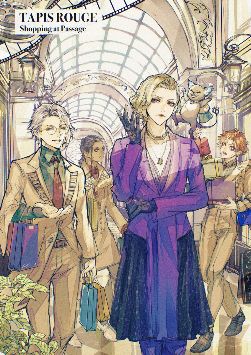 4boys ace_trappola azul_ashengrotto bag bishounen black_gloves black_hair blonde_hair box brown_eyes brown_suit coat creature creature_on_shoulder english_text formal_clothes gift gift_box gloves grim_(twisted_wonderland) highres ho9_999 holding holding_bag indoors jamil_viper looking_at_viewer male_focus mall multiple_boys on_shoulder orange_hair purple_coat shopping shopping_bag short_hair skylight suit twisted_wonderland vil_schoenheit walking white_hair