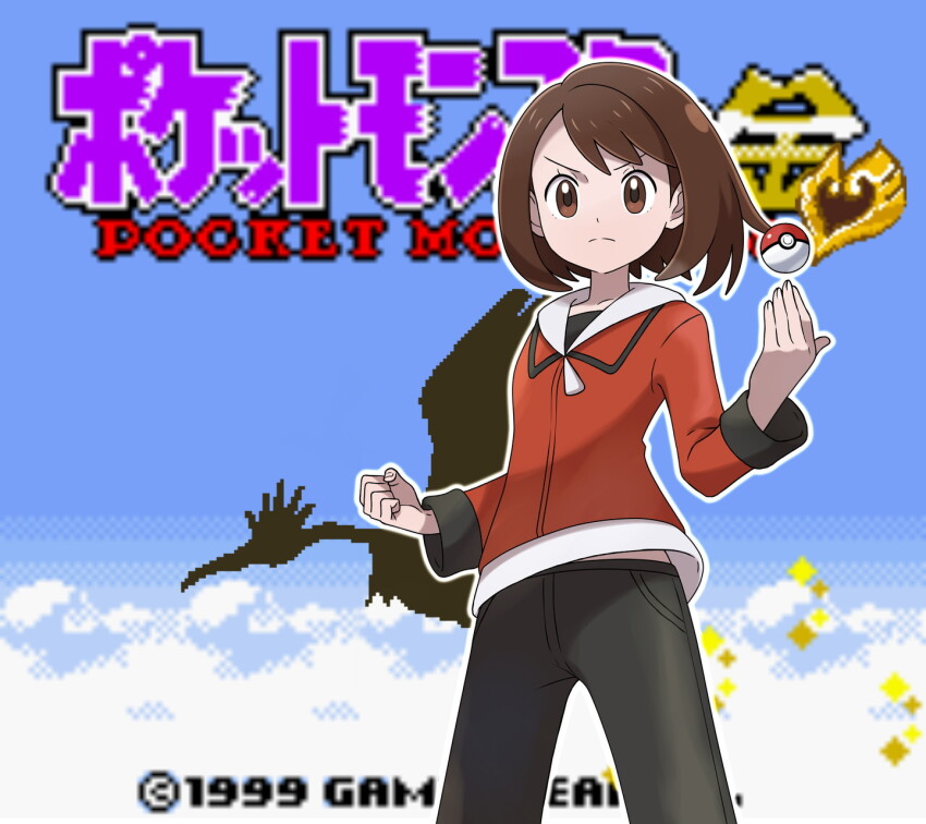 1girl asatsuki_(fgfff) black_pants brown_eyes brown_hair clenched_hand closed_mouth commentary_request cosplay ethan_(pokemon) ethan_(pokemon)_(cosplay) eyelashes frown gen_2_pokemon gloria_(pokemon) highres ho-oh jacket legendary_pokemon long_sleeves nintendo outline pants poke_ball poke_ball_(basic) pokemon pokemon_hgss pokemon_swsh red_jacket short_hair silhouette solo split_mouth title_screen