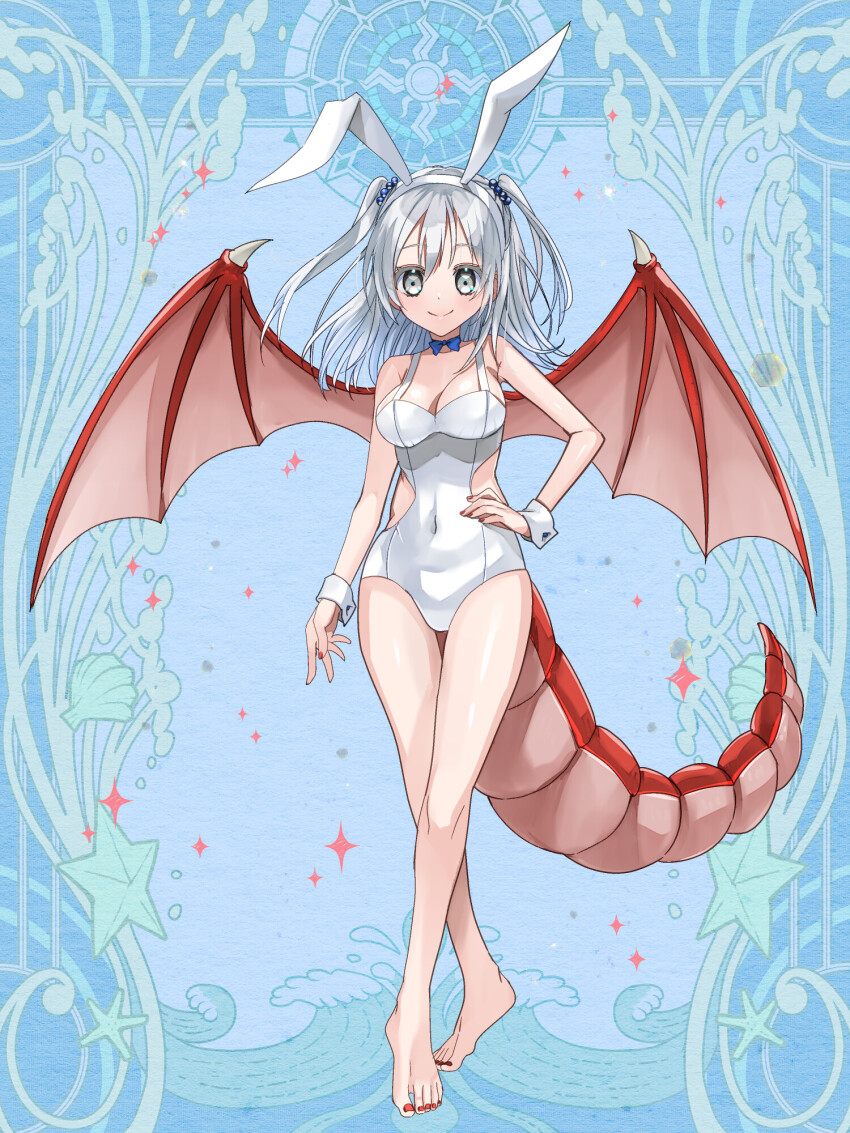 1girl animal_ears barefoot blue_background breasts choker clothing_cutout covered_navel dairoku_ryouhei dragon_tail dragon_wings fake_animal_ears fel_ooyama full_body grey_eyes hand_on_own_hip highres honoka_(pandatype) leotard long_hair looking_at_viewer red_nails side_cutout small_breasts smile standing tail two_side_up white_leotard wings wrist_cuffs