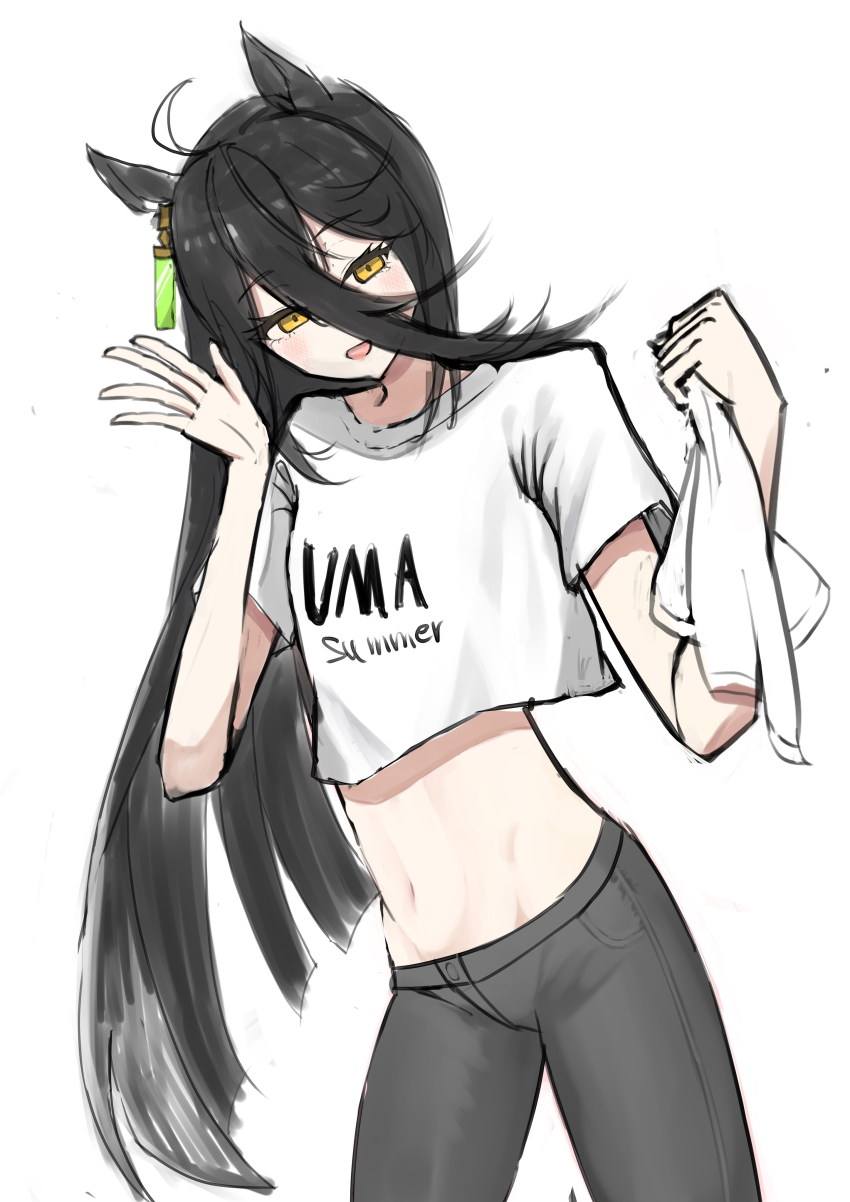 00030005 1girl abs absurdres ahoge animal_ears black_hair black_pants cropped_shirt ear_ornament ear_tag earrings hair_between_eyes hands_up head_tilt highres holding holding_towel horse_ears horse_girl jewelry long_bangs long_hair long_hair_between_eyes looking_at_viewer manhattan_cafe_(umamusume) multicolored_hair open_mouth pants shirt short_sleeves simple_background single_earring smile solo towel umamusume very_long_hair white_background white_hair white_shirt yellow_eyes