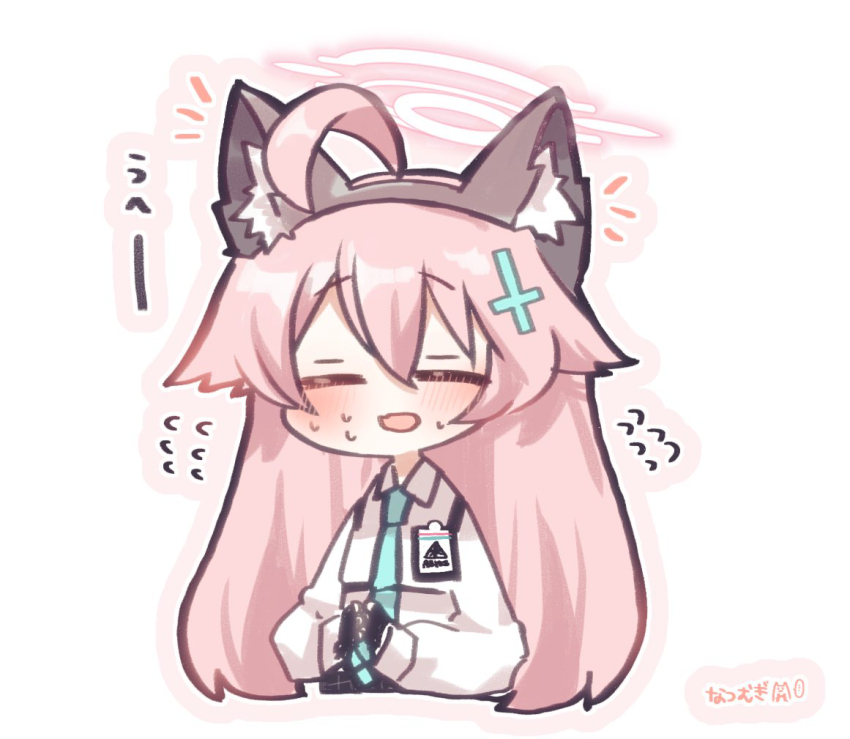 1girl ahoge animal_ear_fluff animal_ear_hairband animal_ears artist_name blue_archive blue_necktie blush chest_harness closed_eyes collared_shirt commentary_request cross cross_hair_ornament dress_shirt fake_animal_ears fanged_bangs fidgeting fingerless_gloves flying_sweatdrops gloves hair_between_eyes hair_flaps hair_ornament hairband hairpin halo harness hoshino_(blue_archive) inverted_cross long_hair name_tag natsu_ya_mugi necktie no_nose notice_lines outline pink_hair pink_halo pink_outline shirt simple_background solo straight_hair sweatdrop thick_outlines white_background white_shirt