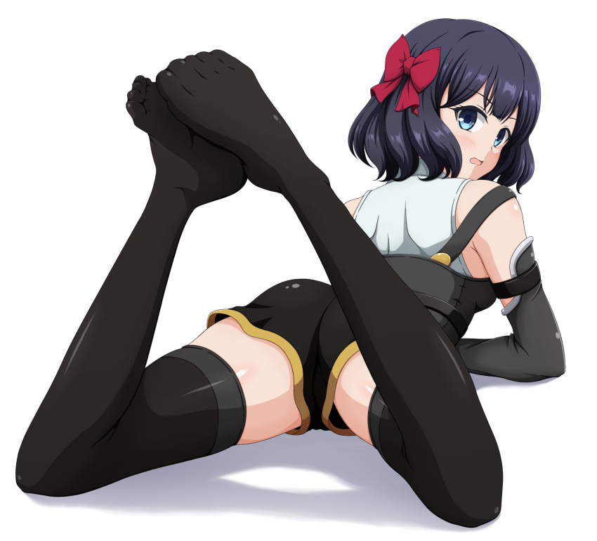 1girl black_gloves black_hair black_romper black_thighhighs blue_eyes bow from_behind gloves hair_bow highres ishida_seito looking_back lying nageki_no_bourei_wa_intaishitai on_ground on_stomach red_bow simple_background strap thighhighs tino_shade white_background