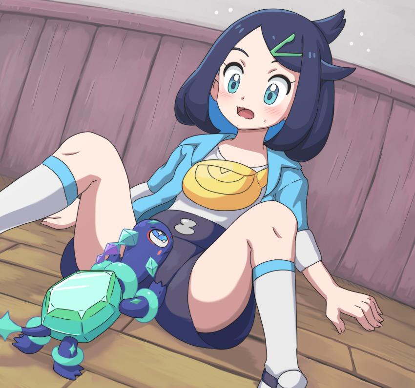 1girl black_hair black_shorts blue_jacket blush colored_inner_hair commentary_request cowlick eye_contact eyelashes green_eyes hair_ornament hairclip highres hood hood_down hooded_jacket indoors jacket kneehighs knees liko_(pokemon) looking_at_another looking_down lying_on_crotch medium_hair multicolored_hair nintendo open_mouth pokemon pokemon_(anime) pokemon_(creature) pokemon_horizons shirt shorts socks spread_legs sweatdrop swept_bangs takamame terapagos terapagos_(normal) tongue white_shirt white_socks yellow_bag