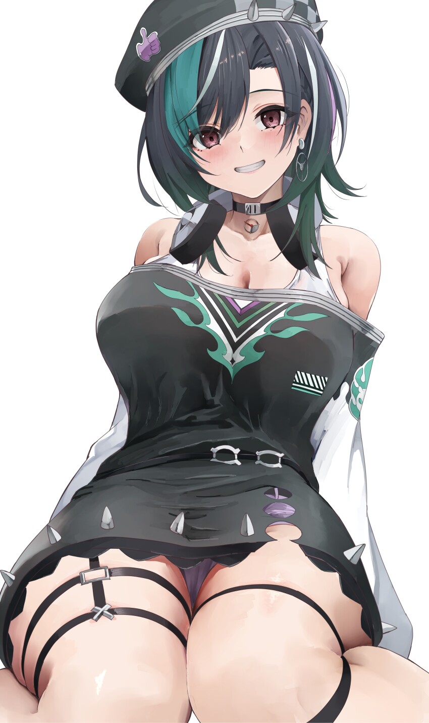 1girl absurdres aqua_hair asymmetrical_bangs belt beret black_choker black_hair blush breasts choker cleavage commentary_request denim denim_shorts dress earrings floating_earring hat headphones headphones_around_neck highres hololive hololive_dev_is jewelry knee_strap long_sleeves looking_at_viewer medium_hair multicolored_hair o-ring o-ring_belt o-ring_thigh_strap off-shoulder_dress off_shoulder rindo_chihaya sezok shorts sitting smile solo spiked_dress spiked_hat streaked_hair tank_top thick_thighs thigh_strap thighs virtual_youtuber wariza white_background white_hair white_streaks white_tank_top wide_hips