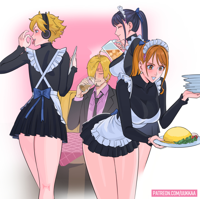 1boy 3girls apron artist_name black_hair black_necktie blonde_hair food formal_clothes highres maid maid_apron multiple_girls nami_(one_piece) necktie nico_robin one_piece orange_hair pink_shirt plate sanji_(one_piece) shirt signature suit tea teapot uukkaa vegapunk_lilith