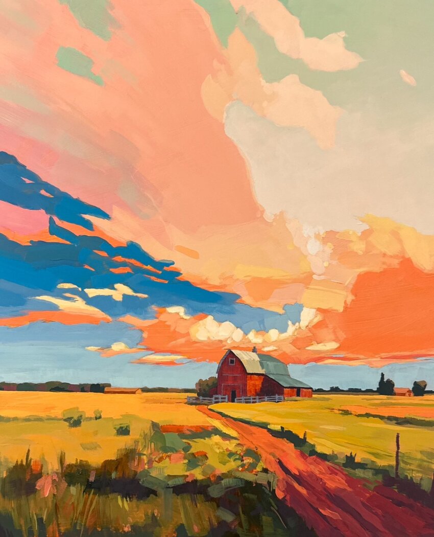 barn building cloud cloudy_sky commentary english_commentary fence field grass highres jimmusilpainter no_humans original outdoors painting_(medium) path picket_fence plant road scenery sky traditional_media tree white_fence wooden_fence