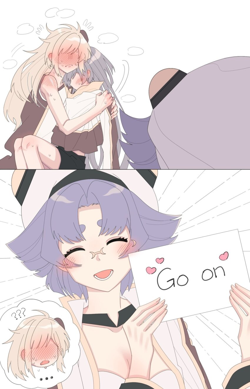 3girls blonde_hair blush breasts brown_necktie caught clothed_sex door dress duel_monster emptyayya grey_hair highres implied_kiss indoors long_hair long_sleeves multiple_girls necktie open_door opening_door peeking red_eyes sage_of_benevolence_-_ciela simple_background sky_striker_ace_-_raye sky_striker_ace_-_roze surprised sweat twintails two-tone_dress walk-in yu-gi-oh! yuri