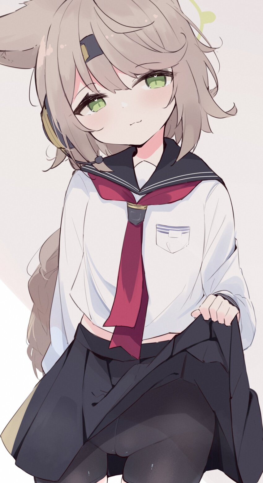 1girl absurdres bike_shorts black_sailor_collar black_shorts black_skirt blue_archive braid breasts cameltoe closed_mouth clothes_lift cowboy_shot cropped_shirt green_eyes green_halo grey_background hair_ornament hairclip halo head_tilt highres kyuukon_(qkonsan) light_brown_hair long_hair long_sleeves low-braided_long_hair low-tied_long_hair miniskirt neckerchief otogi_(blue_archive) panties panties_under_bike_shorts panties_under_shorts pleated_skirt red_neckerchief sailor_collar sailor_shirt shirt short_shorts shorts simple_background single_braid skirt skirt_lift small_breasts solo underwear white_shirt