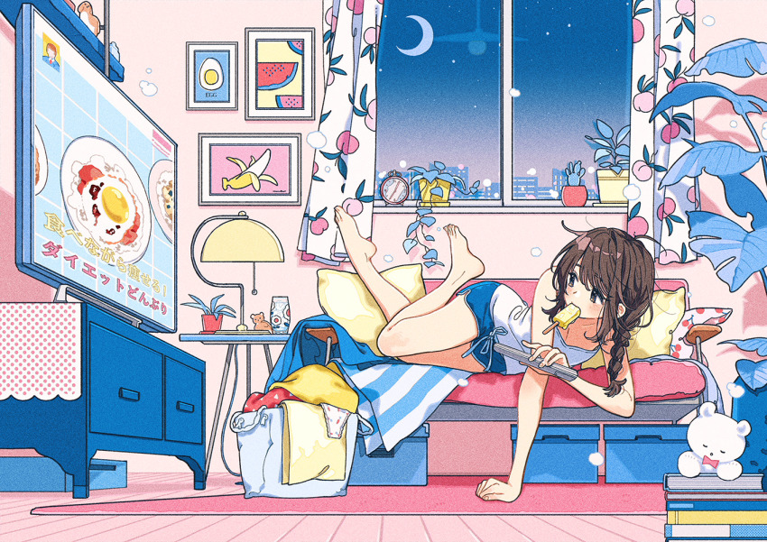1girl bare_shoulders barefoot book brown_eyes brown_hair controller couch crescent_moon egg food_in_mouth holding holding_remote_control keishin lying moon night night_sky on_side original plant popsicle popsicle_in_mouth remote_control shorts sky stuffed_animal stuffed_toy teddy_bear thighs watching_television