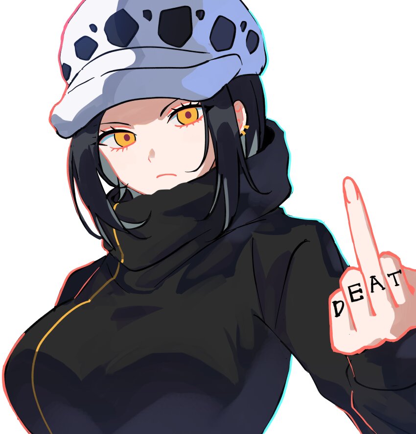 1girl absurdres black_coat black_hair border breasts canon_genderswap closed_mouth coat commentary earrings genderswap genderswap_(mtf) hand_tattoo hat high_collar highres jewelry kasuga_kaya large_breasts long_sleeves looking_at_viewer middle_finger one_piece sidelocks simple_background solo tattoo trafalgar_law trafalgar_law_(female) upper_body white_background white_border yellow_eyes
