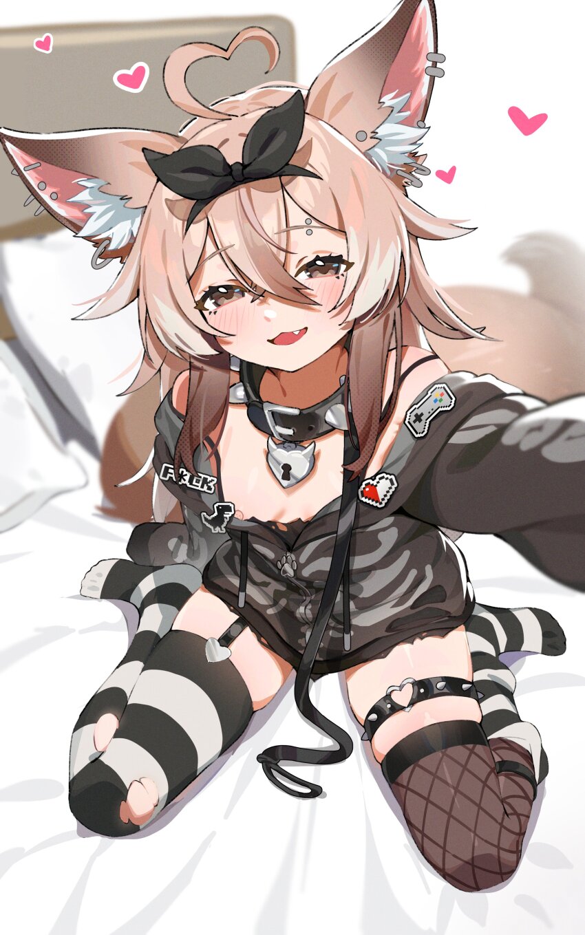 1girl absurdres ahoge animal_ear_fluff animal_ear_piercing animal_ears asymmetrical_legwear bandaid bandaids_on_nipples black_collar black_hairband black_hoodie blush bow_hairband breasts brown_eyes brown_hair collar commission eyebrow_piercing face_piercing fang fen_(vtuber) fishnet_thighhighs fishnets fox_ears fox_girl fox_tail hair_between_eyes hairband heart heart-shaped_lock heart_ahoge heart_o-ring highres hood hood_down hoodie horizontal-striped_thighhighs indie_virtual_youtuber large_ears long_hair looking_at_viewer mismatched_legwear o-ring on_bed outstretched_arm paid_reward_available pasties piercing second-party_source single_thighhigh sitting small_breasts smile socks solo striped_clothes striped_socks striped_thighhighs studded_thigh_strap tail tenchi_mayo thigh_strap thighhighs virtual_youtuber wariza