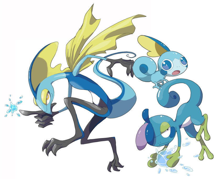 blue_eyes bright_pupils closed_mouth drizzile evolutionary_line full_body gen_8_pokemon highres hydrokinesis index_finger_raised inteleon nintendo no_humans nostrils open_mouth pokemon pokemon_(creature) satotsu simple_background sobble water water_drop white_background white_pupils yellow_eyes
