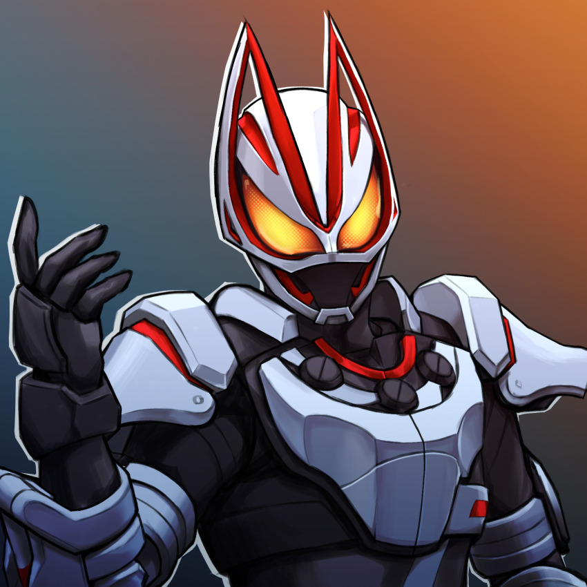 1boy armor black_bodysuit black_gloves blue_background bodysuit commentary compound_eyes english_commentary fox fox_mask gloves highres kamen_rider kamen_rider_geats kamen_rider_geats_(series) kitsune magnum_boost male_focus mask open_hands orange_background rence shoulder_armor tokusatsu two-tone_background upper_body white_armor