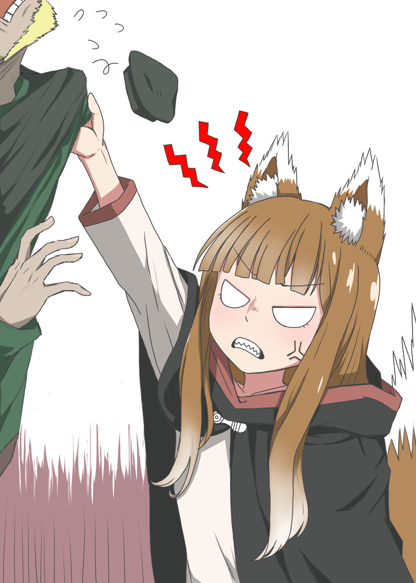 1boy 1girl absurdres akuma0320 anger_vein angry animal_ear_fluff animal_ears arm_up black_cloak blonde_hair blunt_bangs blush brown_hair clenched_teeth cloak commentary flying_sweatdrops grey_shirt highres holo long_hair long_sleeves looking_at_another no_eyes richten_marlheit sharp_teeth shirt sidelocks simple_background solo_focus spice_and_wolf stiff_tail straight_hair tail tail_raised teeth upper_body v-shaped_eyebrows white_background wolf_ears wolf_girl wolf_tail