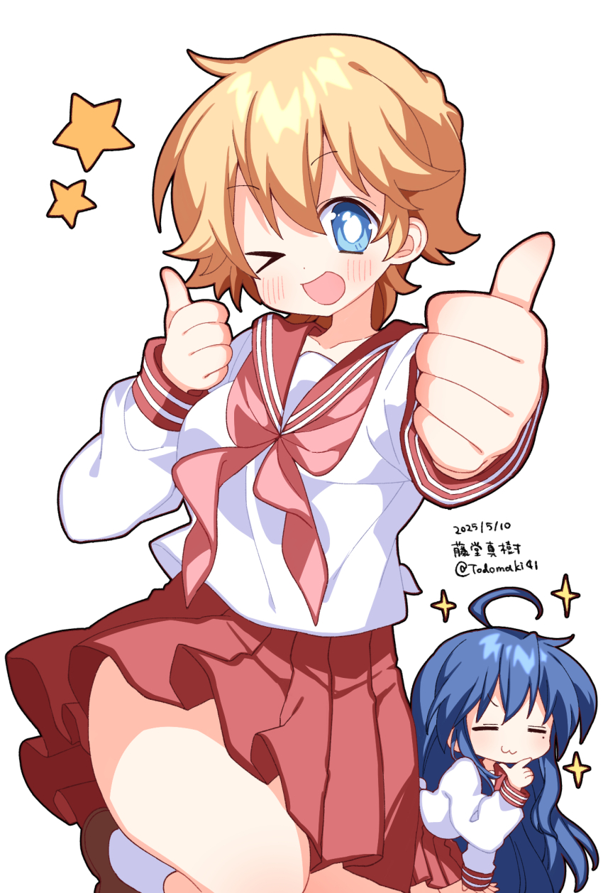 2girls blonde_hair blue_eyes blue_hair blush breasts brown_shoes closed_eyes four-pointed_star happy highres izumi_konata long_hair looking_at_viewer lucky_star mole mole_under_eye multiple_girls patricia_martin pleated_skirt red_sailor_collar red_skirt ryouou_school_uniform sailor_collar sailor_shirt school_uniform shirt shoes short_hair skirt smile socks star_(symbol) thighs thumbs_up todomaki41 white_background white_socks yellow_star