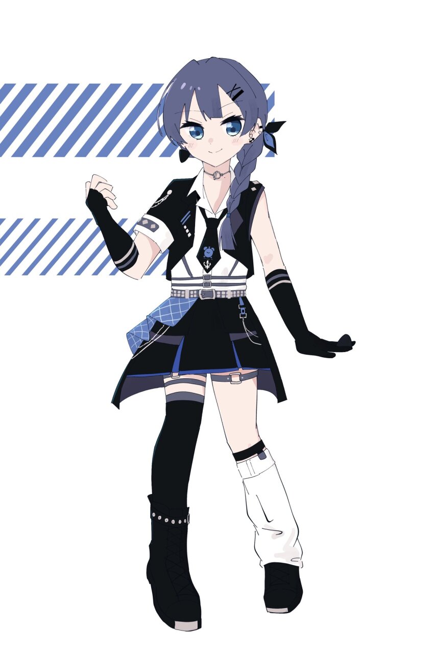 &gt;:) 1girl asymmetrical_legwear black_necktie black_shoes black_skirt black_thighhighs blue_eyes blue_hair braid choker closed_mouth collared_shirt commentary curled_fingers double-parted_bangs full_body hair_ornament hairclip highres i_do_me!_(love_live!) jacket legwear_garter link!_like!_love_live! long_hair looking_at_viewer loose_necktie loose_socks love_live! magu_(cv_mgmgcup) miniskirt mismatched_legwear murano_sayaka necktie o-ring o-ring_choker official_alternate_costume open_clothes open_collar open_jacket pleated_skirt shirt shoes short-sleeved_jacket short_sleeves side_braid simple_background single_braid single_legwear_garter single_loose_sock single_sleeve single_sock single_thighhigh skirt smile socks solo split_mouth standing thighhighs v-shaped_eyebrows virtual_youtuber white_background white_shirt white_socks x_hair_ornament