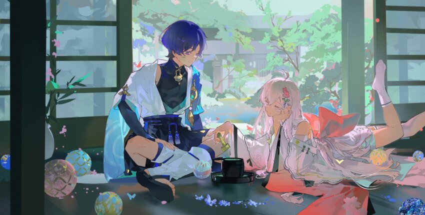 1boy 1girl antenna_hair artist_request back_bow bare_shoulders black_shorts blue_eyes blue_hair blurry blurry_background bow bridal_gauntlets closed_eyes closed_mouth commentary commission couple crossed_legs detached_sleeves facepaint genshin_impact hair_between_eyes hair_ornament hand_on_own_cheek hand_on_own_face hands_up head_rest highres holding indoors japanese_clothes jewelry kimono layered_clothes light_smile long_hair long_sleeves looking_down looking_to_the_side lying multicolored_background oc_x_canon off_shoulder on_floor on_stomach original pendant pink_bow pink_hair pink_kimono scaramouche_(genshin_impact) second-party_source short_hair short_sleeves shorts shouji sitting sleeveless slice_of_life sliding_doors socks symbol-only_commentary tree vision_(genshin_impact) wanderer_(genshin_impact) wide_sleeves wooden_floor