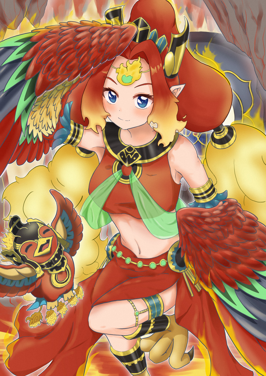 1girl absurdres animal animal_feet bare_shoulders bird blue_eyes blush breasts commentary_request crop_top duel_monster feathers fire fire_king_avatar_princess gt_majoyan hair_intakes harpy headdress high_ponytail highres jewelry long_hair looking_at_viewer medium_breasts midriff monster_girl multicolored_wings navel parted_bangs pointy_ears ponytail red_feathers red_hair red_skirt side_slit sidelocks skirt smile solo talons thighlet tiara wings yu-gi-oh!