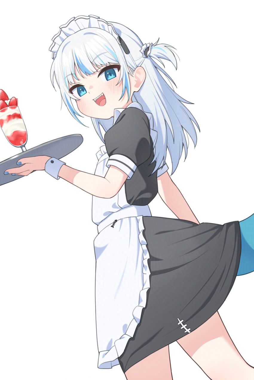 1girl :d absurdres apron black_dress blue_eyes blue_nails blue_streaks blunt_bangs dress fins fish_tail food frilled_apron frills gawr_gura highres holding holding_tray hololive hololive_english long_hair looking_at_viewer maid_apron maid_headdress multicolored_hair open_mouth parfait puffy_short_sleeves puffy_sleeves shark_girl shark_tail sharp_teeth short_sleeves sidelocks smile solo streaked_hair tail teeth tray two_side_up ugaaaa1 virtual_youtuber white_apron white_background white_headdress wrist_cuffs