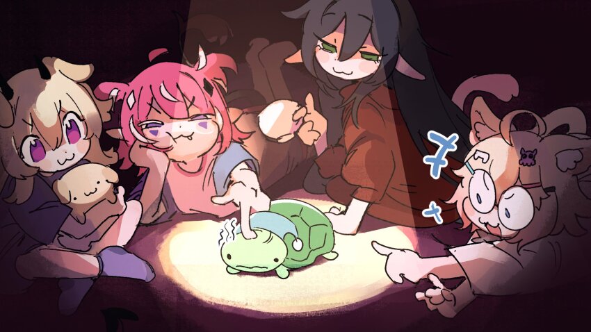 1boy 4girls :3 black_hair blonde_hair blue_eyes blush_stickers camila_(vtuber) cerber_(vtuber) closed_mouth commentary cup english_commentary fang glasses green_eyes hat highres holding holding_cup hug indie_virtual_youtuber layna_lazar lying minikomew multicolored_hair multiple_girls nightcap on_floor on_stomach open_mouth pasharuu pink_hair pink_shirt purple_hair purple_shirt shirt spotlight streaked_hair turtle vedal987 virtual_youtuber white_hair white_shirt