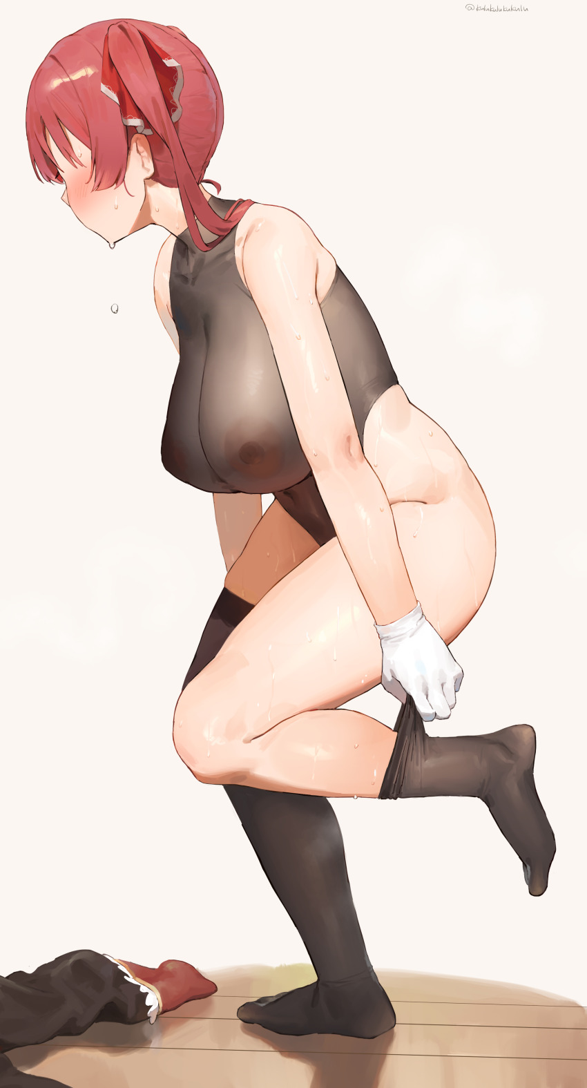 1girl absurdres ass bare_shoulders black_leotard black_thighhighs blush boots breasts cleavage collarbone covered_erect_nipples covered_navel feet frikulu from_side full_body gloves groin hair_ribbon highres hololive houshou_marine indoors large_breasts leotard long_hair navel nipples profile red_hair red_ribbon ribbon see-through_clothes see-through_leotard sidelocks solo standing straight_hair sweat thighhighs twintails undressing unworn_boots virtual_youtuber white_background white_gloves wooden_floor