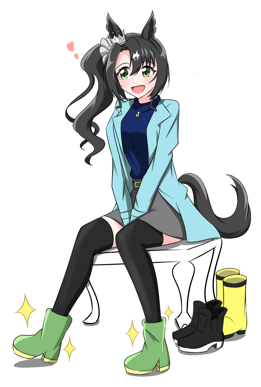 1girl :d absurdres animal_ears black_hair black_thighhighs blue_coat blue_sweater boots casual coat ear_ornament ear_scrunchie ear_through_crown full_body green_eyes grey_skirt hair_between_eyes highres horse_ears horse_girl horse_tail jewelry ke_(pixiv_84996172) long_hair multicolored_hair necklace open_mouth rubber_boots satono_crown_(umamusume) side_ponytail simple_background sitting skirt smile solo streaked_hair sweater tail thighhighs umamusume white_background white_hair