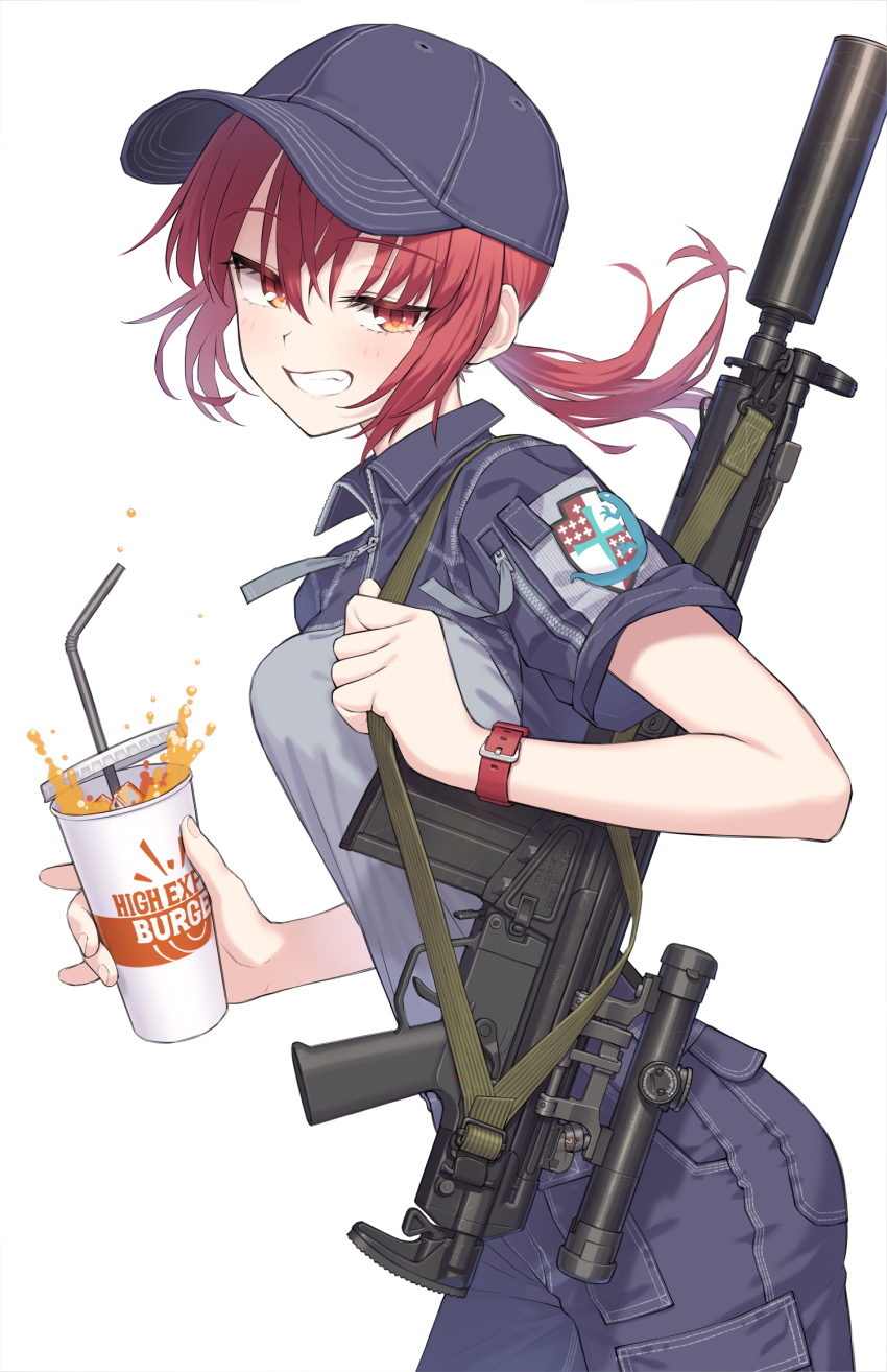 1girl baseball_cap battle_rifle blue_hat blue_pants blue_shirt cup denim disposable_cup from_side gun h&amp;k_g3 hat highres jeans looking_at_viewer original pants ponytail red_hair rifle samaru_(seiga) scope shirt smile solo suppressor tomboy weapon white_background
