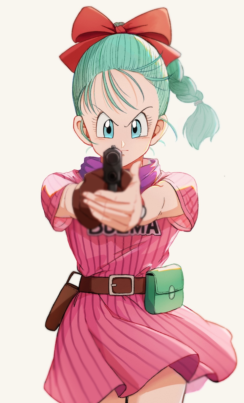 1girl absurdres aiming aiming_at_viewer aqua_hair blue_eyes blurry blurry_foreground bow braid braided_ponytail brown_gloves bulma character_name chinese_commentary cmwl_514 commentary_request cowboy_shot depth_of_field dragon_ball dragon_ball_(classic) dress floating_clothes floating_hair gloves gun hair_bow hair_pulled_back handgun highres holding holding_gun holding_weapon holster imminent_attack looking_at_viewer pink_dress purple_scarf red_bow scarf short_sleeves single_glove solo striped_clothes striped_dress v-shaped_eyebrows watch weapon white_background wristwatch