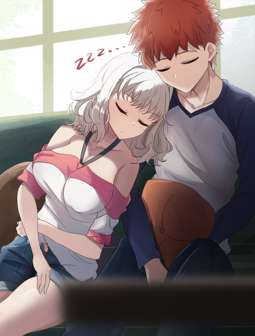 1boy 1girl absurdres backlighting bare_shoulders black_pants blurry blurry_foreground breasts closed_eyes couch cushion denim denim_shorts emiya_shirou emiya_shirou_(prisma_illya) fate/kaleid_liner_prisma_illya fate_(series) head_on_another&#039;s_shoulder highres leysritt_(fate) medium_breasts medium_hair no_mouth off-shoulder_shirt off_shoulder on_couch pants pillow raglan_sleeves red_hair shirt shokobr short_hair shorts sitting sleeping sleeping_on_person sleeping_upright table white_hair window zzz