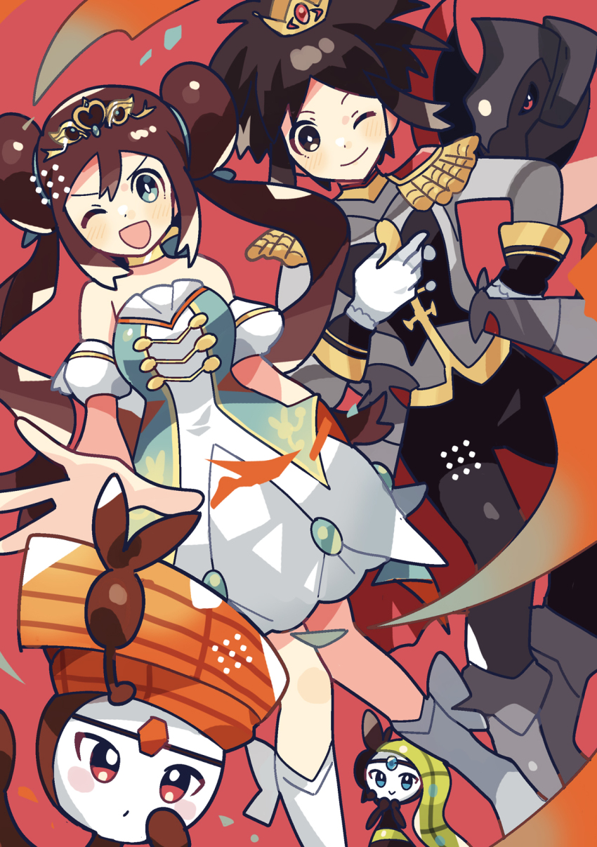 1boy 1girl ;) ;d alternate_color anidler91 bare_shoulders blue_eyes bright_pupils brown_eyes brown_hair crown double_bun dress epaulettes gen_5_pokemon gloves hair_bun haxorus highres legendary_pokemon meloetta meloetta_(aria) meloetta_(pirouette) mini_crown mythical_pokemon nate_(champion)_(pokemon) nate_(pokemon) nintendo no_sclera one_eye_closed open_mouth pokemon pokemon_(creature) pokemon_masters_ex red_background rosa_(champion)_(pokemon) rosa_(pokemon) shiny_pokemon short_hair smile tiara twintails v-shaped_eyebrows white_gloves white_pupils