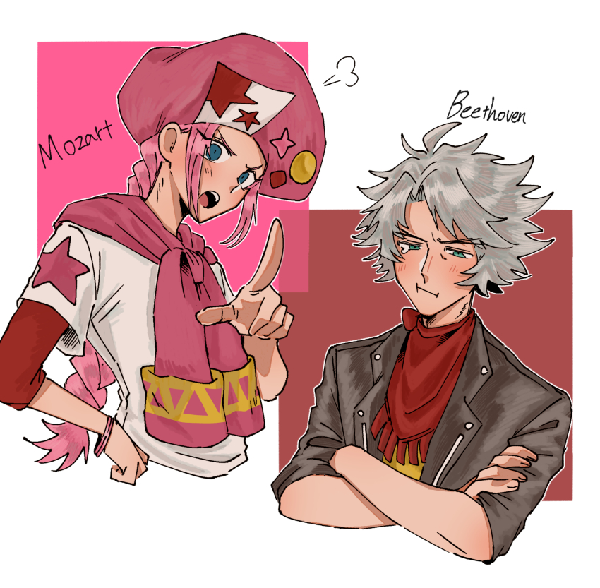 2boys bandana black_jacket blue_eyes bracelet character_name classicaloid commentary_request crossed_arms grey_hair hanpa_(user_cspa4528) hat highres index_finger_raised jacket jacket_around_neck jewelry long_braid long_hair ludwig_van_beethoven_(classicaloid) male_focus multiple_boys open_mouth pink_hair pink_hat puff_of_air red_bandana shirt white_shirt wolfgang_amadeus_mozart_(classicaloid) yellow_shirt