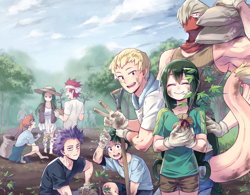 3girls 5boys :d ^_^ arm_up armpits asui_tsuyu atmospheric_perspective belt black_eyes black_shirt blonde_hair blue_pants blue_shirt blue_sky blush boku_no_hero_academia brown_jacket brown_shorts brown_tank_top carrying_over_shoulder closed_eyes closed_mouth clothes_around_waist clothing_cutout cloud collarbone commentary covered_mouth day dirt dirty dirty_clothes dirty_face dress empty_eyes extra_arms eye_contact eyelashes facing_viewer forest freckles fur-tipped_tail gloves grass green_hair green_pants grey_gloves grey_hair hair_over_one_eye hair_slicked_back hand_on_own_hip hand_on_own_knee happy hat head_back head_down headband holding holding_shovel jacket kendou_itsuka kirishima_eijirou leaning_forward legs_together long_hair looking_at_another looking_at_viewer looking_down looking_up low-tied_long_hair lowah messy_hair midoriya_izuku multiple_boys multiple_girls nature ojiro_mashirao open_mouth orange_hair outdoors over_shoulder pants parted_lips people pinstripe_pattern plant plant_hair planting ponytail pouch purple_eyes purple_hair red_hair red_mask ringlets sack sapling sharp_teeth shinso_hitoshi shiozaki_ibara shirt short_sleeves shorts shouji_mezou shovel sidelocks silhouette sky sleeveless smile soil spiked_hair squatting standing straight_hair striped sun_hat t-shirt tail tail_through_clothes talking tank_top teeth toned toned_male towel towel_around_neck tree trowel v v-neck white_dress white_headband white_shirt wiping_forehead