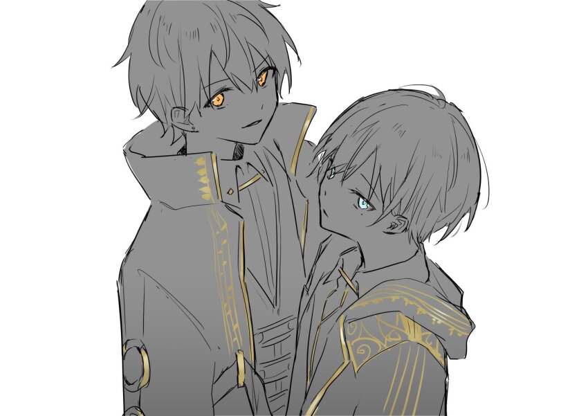 2boys aoyagi_touya blue_eyes collared_shirt colored_eyelashes commentary glowing glowing_eyes high_collar hood hooded_jacket jacket jishio looking_at_viewer male_focus mole mole_under_mouth multiple_boys official_alternate_costume parted_lips period_of_nocturne_(project_sekai) project_sekai shinonome_akito shirt short_hair simple_background upper_body white_background