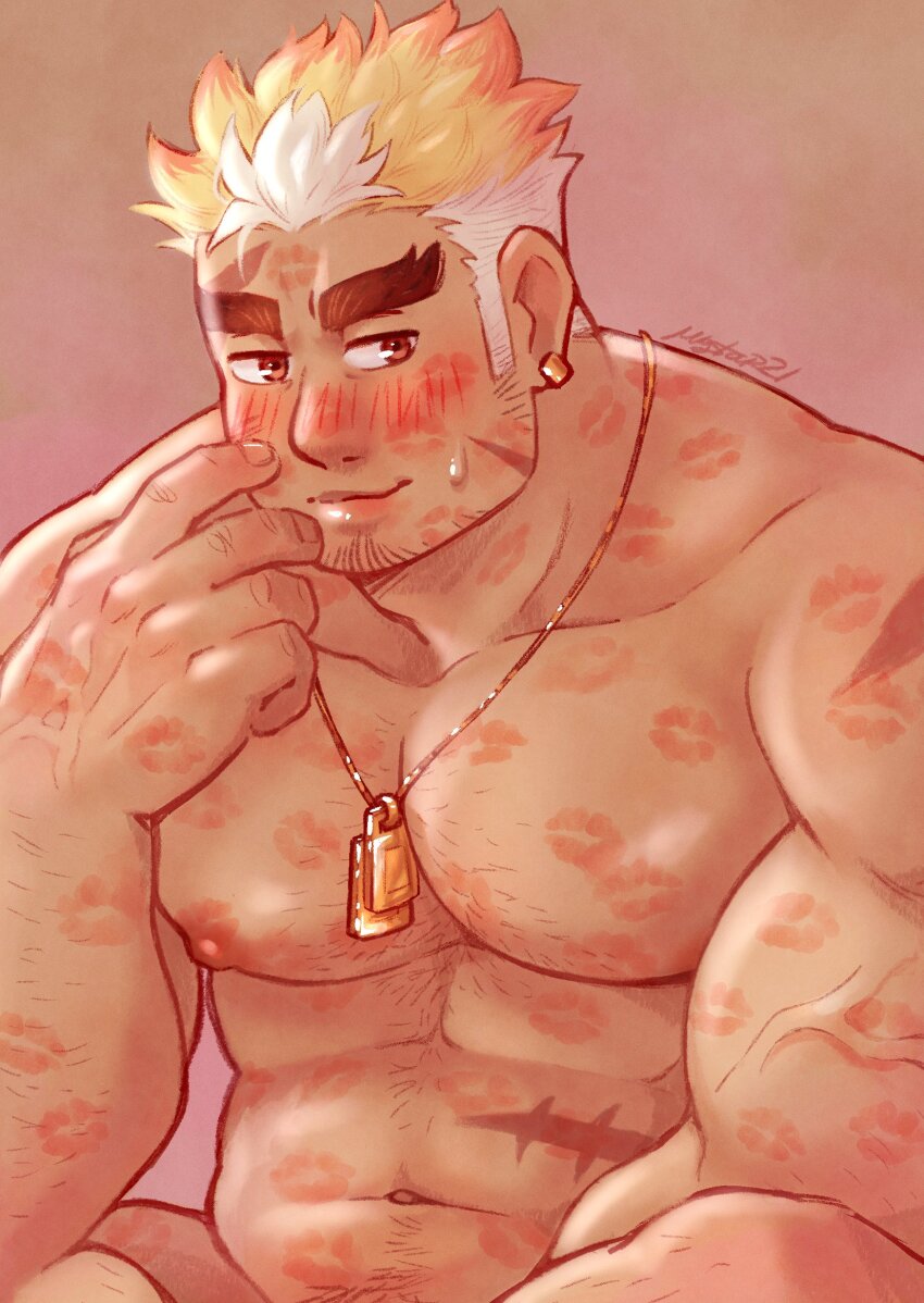 1boy bara blonde_hair burn_scar commentary dog_tags earrings english_commentary facial_hair goatee_stubble hand_on_own_face highres jewelry large_pectorals lipstick_mark lipstick_mark_on_arm lipstick_mark_on_chest lipstick_mark_on_face lipstick_mark_on_forehead lipstick_mark_on_hand lipstick_mark_on_neck lipstick_mark_on_stomach looking_to_the_side male_focus multicolored_hair muscular muscular_male mystar21 navel nude pectorals pink_background scar scar_on_face scar_on_shoulder scar_on_stomach short_hair sideburns_stubble signature single_earring solo sparse_chest_hair sparse_leg_hair sparse_navel_hair stubble sweatdrop thick_eyebrows tokyo_houkago_summoners two-tone_hair ulaanbaatar_(housamo) upper_body variant_set veins veiny_arms white_hair
