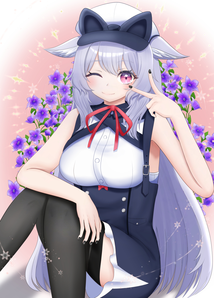 1girl ;) absurdres animal_ear_fluff animal_ears black_nails black_thighhighs blush bow breasts cat_ears dress flower grey_hair hat high-waist_skirt highres kikyo_(vrchat) large_breasts long_hair looking_at_viewer medium_breasts nail_polish neck_ribbon one_eye_closed pink_eyes red_ribbon ribbon shirt sitting skirt sleeveless sleeveless_shirt smile solo thighhighs trump1022 v v_over_eye vrchat white_shirt
