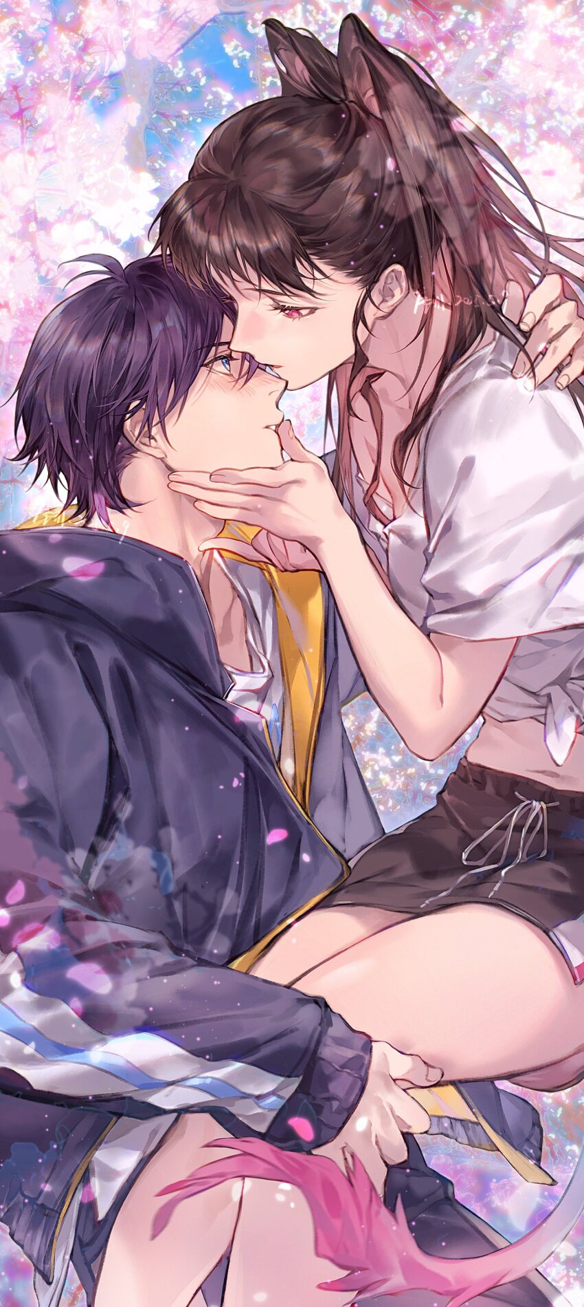 1boy 1girl absurdres artist_name blue_eyes blush brown_hair dated eye_contact hand_on_another&#039;s_chin hand_on_another&#039;s_mouth hetero highres holding_another&#039;s_leg iki_hiyori looking_at_another midriff navel noragami parted_lips pink_eyes purple_hair single_off_shoulder tail xuchuan yato_(noragami)