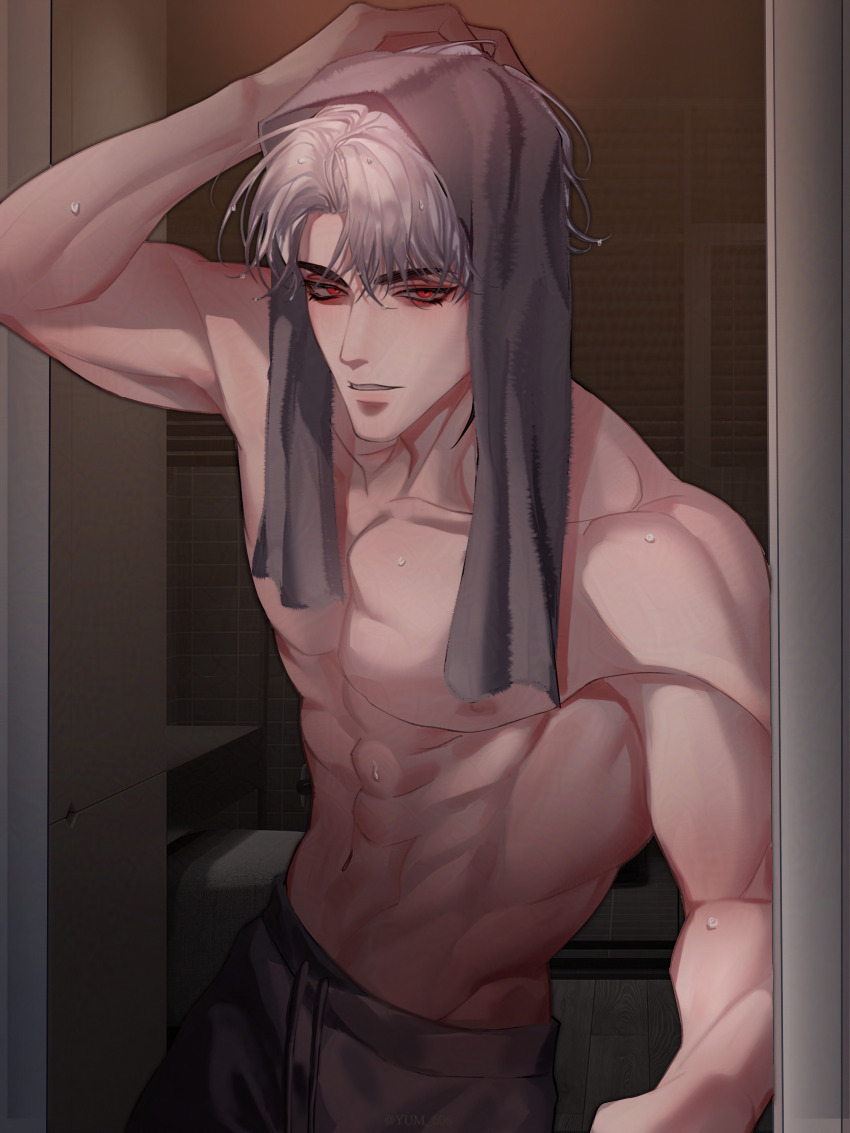 1boy abs absurdres bathroom black_pants commentary english_commentary eunho_(plave) eyeshadow highres holding holding_towel idol indoors looking_at_viewer makeup male_focus nipples pants parted_lips plave red_eyes short_hair solo teeth toned toned_male topless_male towel twitter_username upper_body virtual_youtuber wet white_hair yum_606
