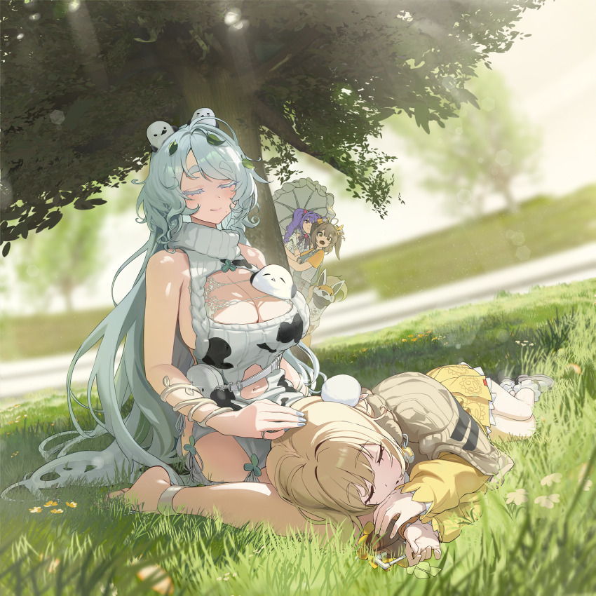 4girls animal animal_on_head bird bird_on_breast bird_on_head biscuit_(spring_puppy)_(nikke) blonde_hair blurry blurry_background blush breasts brown_hair cleavage closed_eyes clothing_cutout colored_eyelashes day depth_of_field dutch_angle flora_(nikke) foreshortening goddess_of_victory:_nikke grass highres huge_breasts leaf leaf_on_head liter_(cute_sunflower)_(nikke) liter_(nikke) long-tailed_tit long_hair meme_attire mole mole_beside_mouth mole_under_mouth multiple_girls non-web_source on_head open-chest_sweater outdoors pantyhose peeking_out print_sweater purple_hair sitting sleeping sleeveless sleeveless_sweater sleeveless_turtleneck smile sunlight sweater tit_(bird) tree trina_(nikke) turtleneck twintails umbrella virgin_killer_sweater volt_(nikke) wariza white_hair white_pantyhose white_sweater zwei_(nikke)