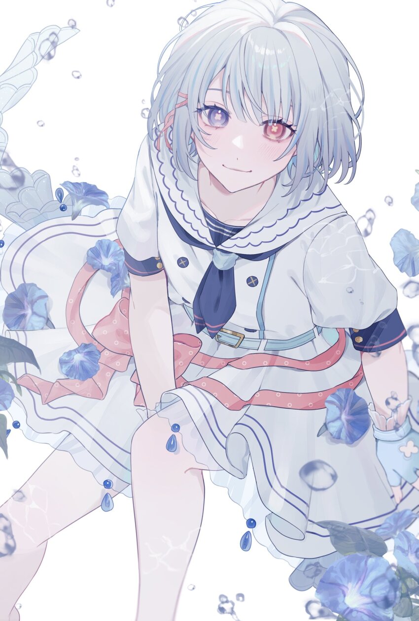 10_io 1girl belt blue_belt blue_eyes blue_flower blue_neckerchief bond_en bondlive commentary commission dress english_commentary flower heterochromia highres looking_at_viewer neckerchief red_eyes sailor_dress second-party_source skeb_commission solo sometsuke_mezzo symbol-shaped_pupils virtual_youtuber water_drop white_background white_dress white_hair x-shaped_pupils
