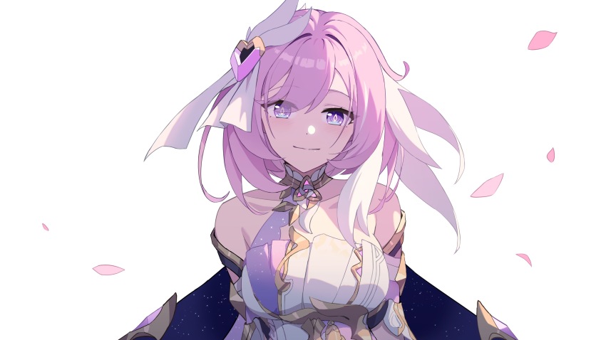 absurdres bare_shoulders breasts chinese_commentary closed_mouth collarbone commentary_request corset diamond-shaped_pupils diamond_(shape) elysia_(herrscher_of_human:_ego)_(honkai_impact) elysia_(honkai_impact) falling_petals fled highres honkai_(series) honkai_impact_3rd large_breasts looking_at_viewer petals pink_hair purple_eyes short_hair simple_background smile symbol-shaped_pupils triquetra upper_body white_background white_corset