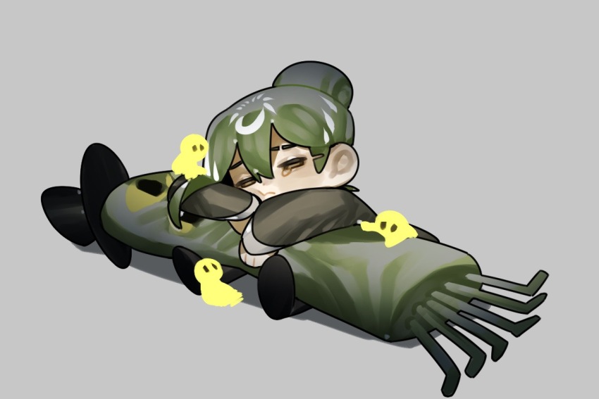 1boy brown_eyes chibi floor_of_art&#039;s_glowing_creature green_hair green_jacket grey_background hair_bun half-closed_eyes hugging_object jacket library_of_ruina netzach&#039;s_painting netzach_(project_moon) project_moon sad simple_background sitting solo stuffed_monster tearing_up toeiki_c